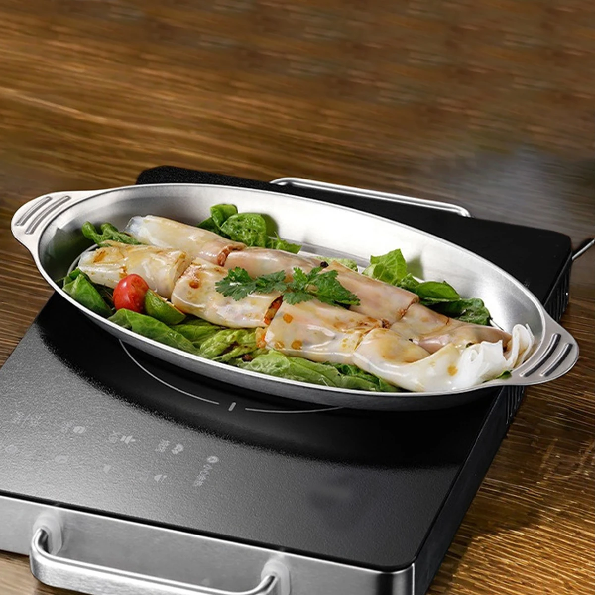 WORTHBUY Stainless Steel Fish Dish Home Steaming Fish Plate Oval Platter Thickened Main Dish Plate Snack Dessert Serving Tray