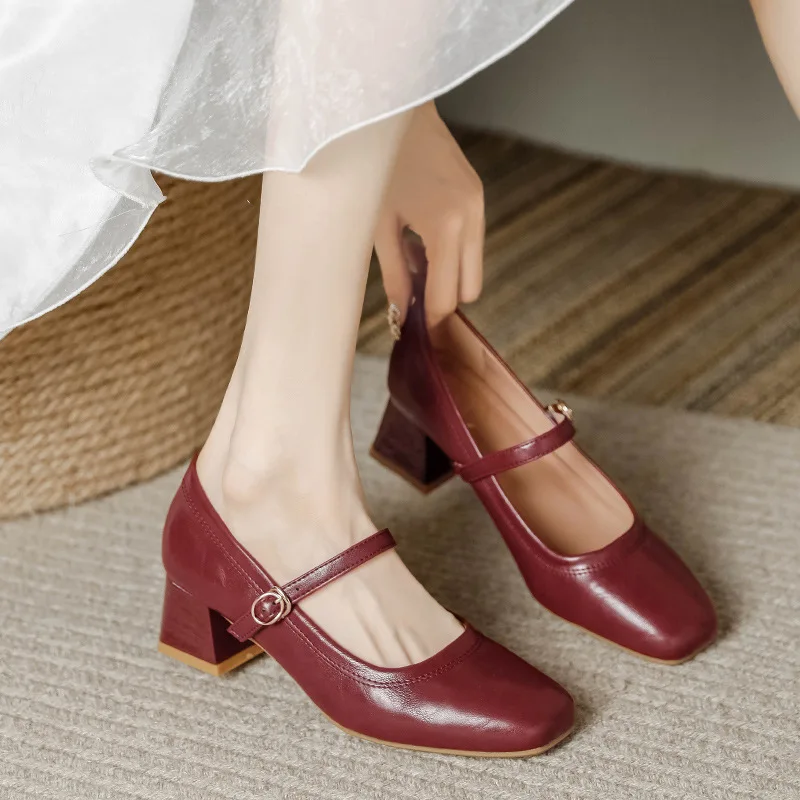 

Retro Square Toe Women Mary Jane Shoes 2024 Spring New Genuine Leather Thick Heel Versatile High Heel Women's Shoes