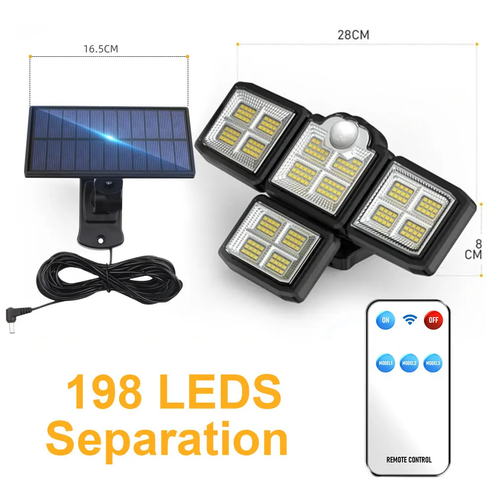 198LED Solar Light lamp Outdoor 3 Head Motion Sensor 270 Wide Angle Illumination Waterproof Remote Control Wall Lamp solar wall lights Solar Lamps