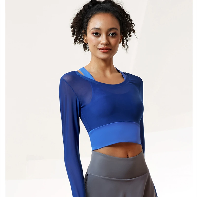 Women 2 in 1 Long Sleeve Cross Back Yoga Shirt Workout Gym Sport Tops Translucent Mesh Breathable Running Wear With Chest Pad