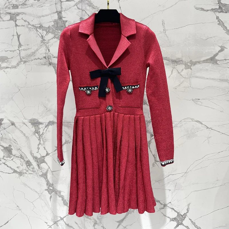 

Runway New Red Mini Pleated Dresses High Quality Bow Design Lapel Long Sleeve Dress For Women 2024 Elegant Slimming Y2K Clothes