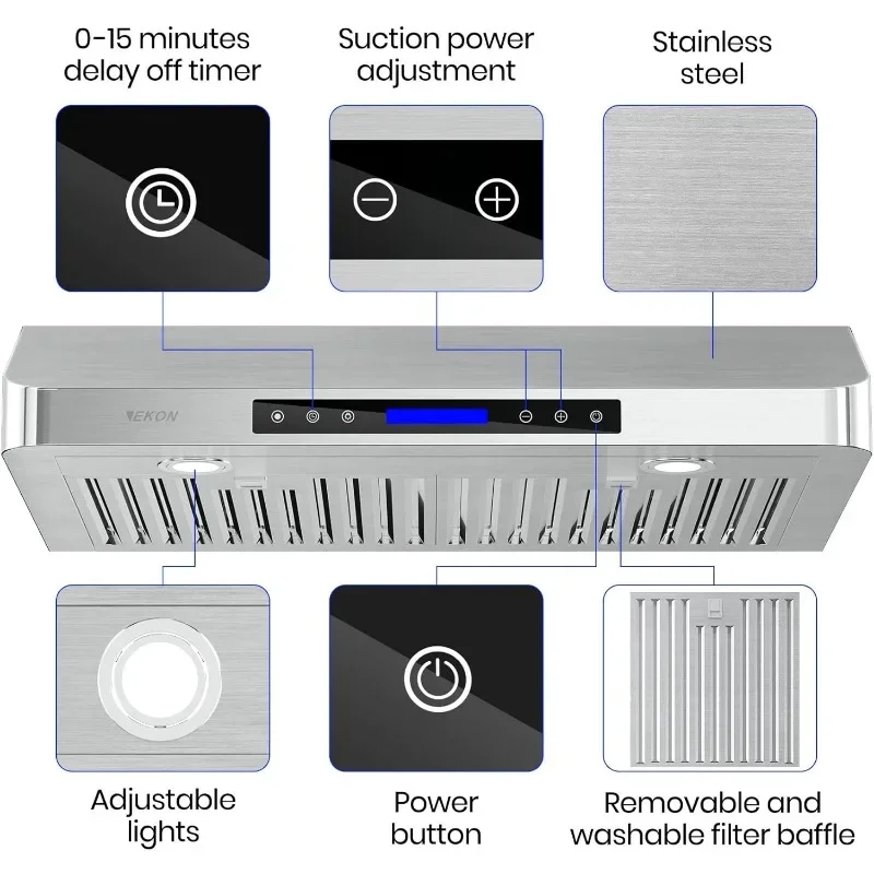 EKON 30 inches Under Cabinet Range Hood, 900 CFM Stainless Steel Kitchen Chimney Vent, 4 Speed Touch Screen Control 5