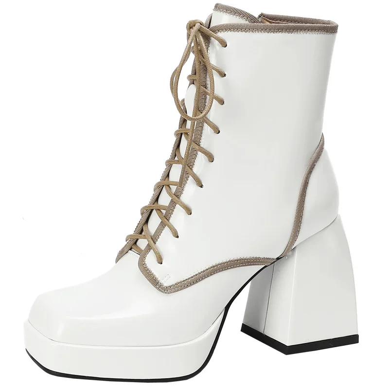 

2023 New Autumn Winter Warm Ankle Boots PU Patent Leather Chunky High Heel Platform Black White Working Short Boots 35-40