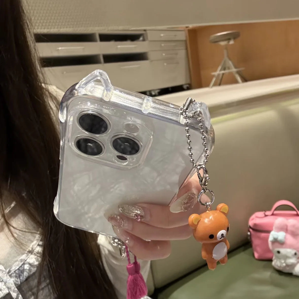 Cute 3D Ears Clear Case For iPhone 17 16 15 14 13 12 11 Pro Max 8 7 Plus SE 17promax Cartoon Rilakkuma Pendant TPU Cover Shell 2