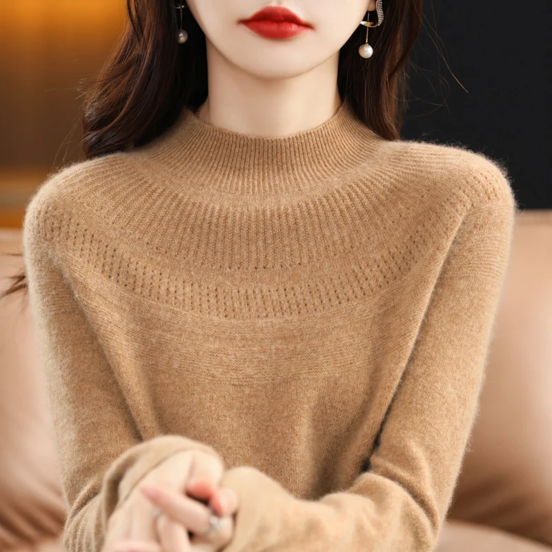 

Autumn and winter new ladies 100% pure wool solid color half high neck hollow long sleeve fashion pullover