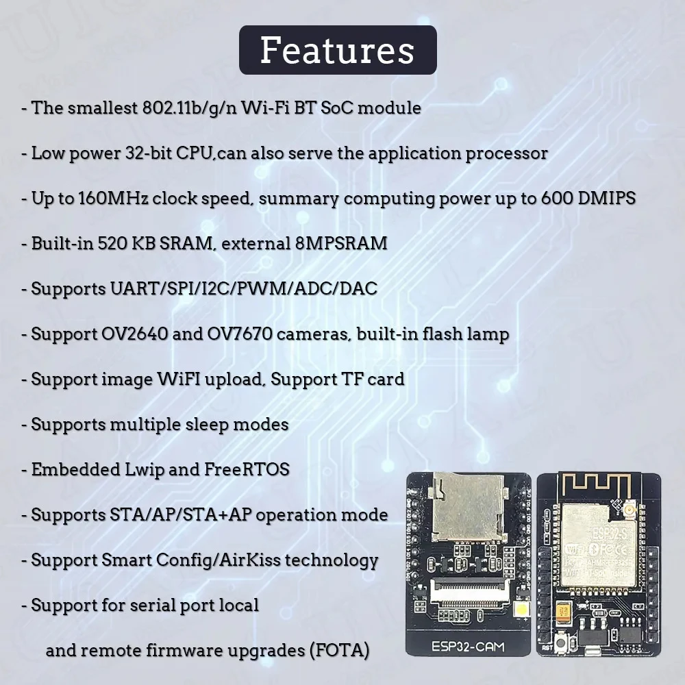 Esp32 cam mit ov2640 kamera modul kit 8mb psram 2,4g wifi 3dbi antenne 66 grad 650nm 850nm nachtsicht 2mp 24pin – Detail 5