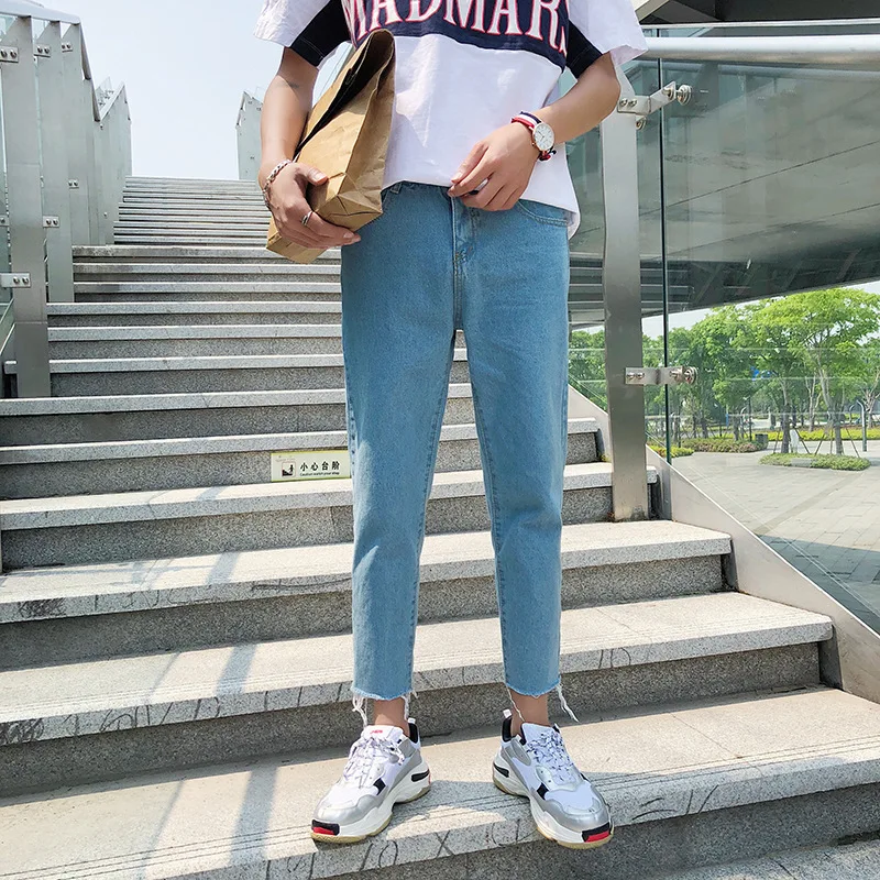 Summer 2022 Light-colored Frayed Ankle Length Jeans Men's Slim Feet Hong Kong Style Trendy Korean Boys Pants Students Leisure