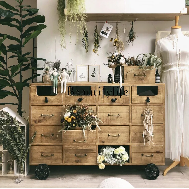 

American Country Retro Solid Wood Decorative Chest of Drawers Sideboard Cabinet Simple Distressed Drawer Hallway Side Cabinet