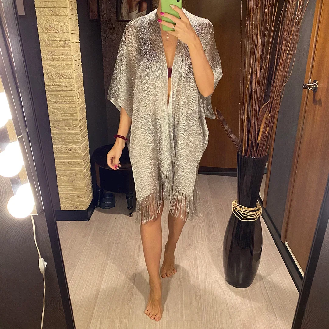 Sexy Fringe Tassel Mesh Sheer Shiny Knitted Tunic Beach Cover Up Cover-ups Beach Dress Beach Wear Beachwear Female Women