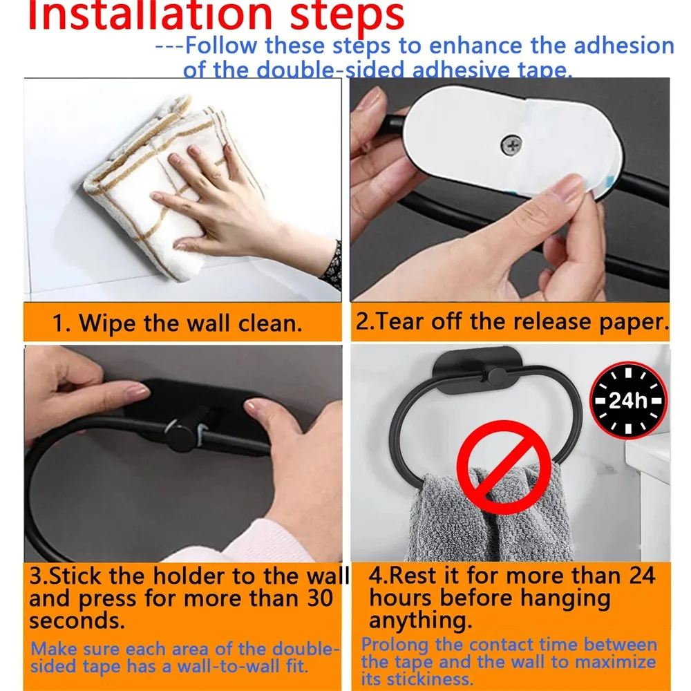 Description Picture 2 of itemStainless Steel Towel Holder Self-adhesive Bathroom Towels Rack Black Washhand Hanger Ring Rail Bar Kitchen Storage Accessories