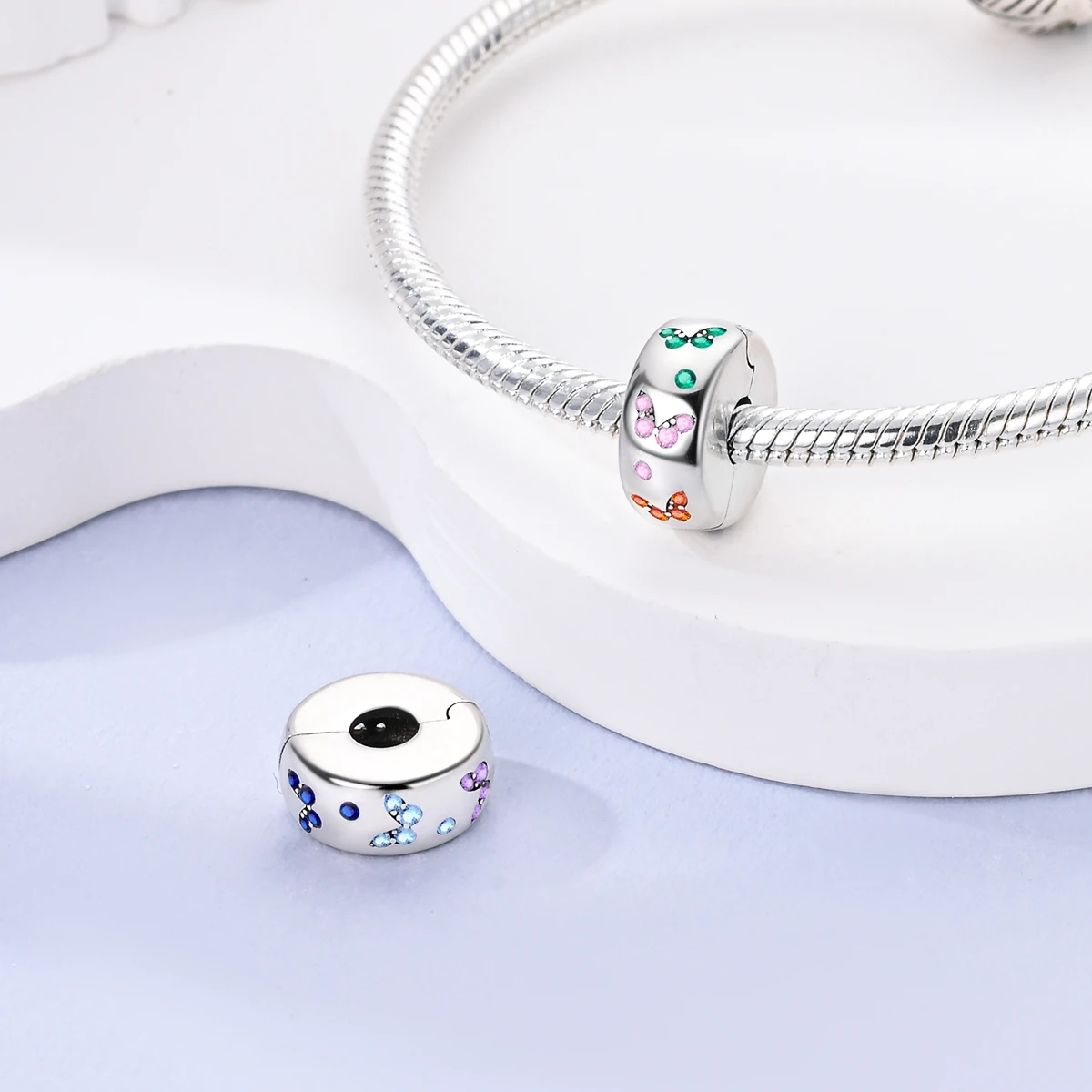 Charms Fit Original Beads 925 Sterling Silver Clip Charms Zircon Silicone Spacer Beads fit Bracelet Women DIY