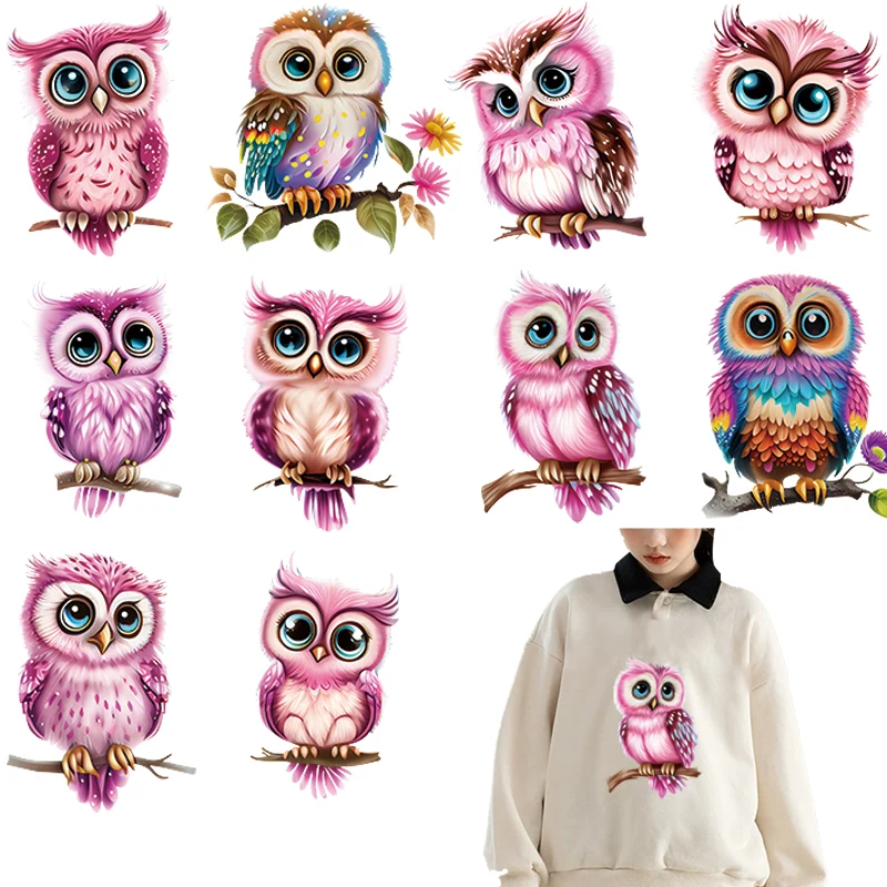 

10PCS Cute cartoon Pink owl visual design iron on transfer for clothing dtf transfers ready to press Heat Transfer Printing