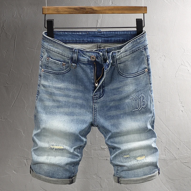 Summer Fashion Men Jeans Retro Light Blue Plain Washed Elastic Short Ripped Jeans Embossed Designer Vintage Denim Shorts Men