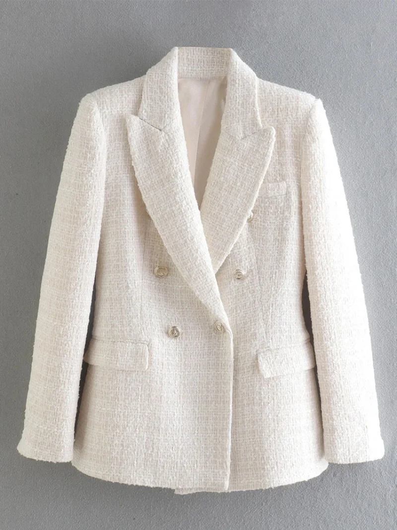 2022 Women Jacket Spring TRAF Fashion Double Breasted Tweed Blazer Coat Vintage Long Sleeve Female Outerwear Chic Top 2022