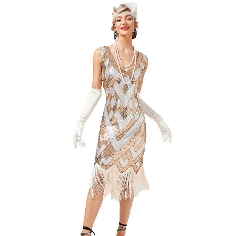 

1920s Gatsby Rose Embroidered Dress Vintage Sequined Dress Double V-neck Beaded Sequined Mini Dresses Double Fringed Skirt Dress
