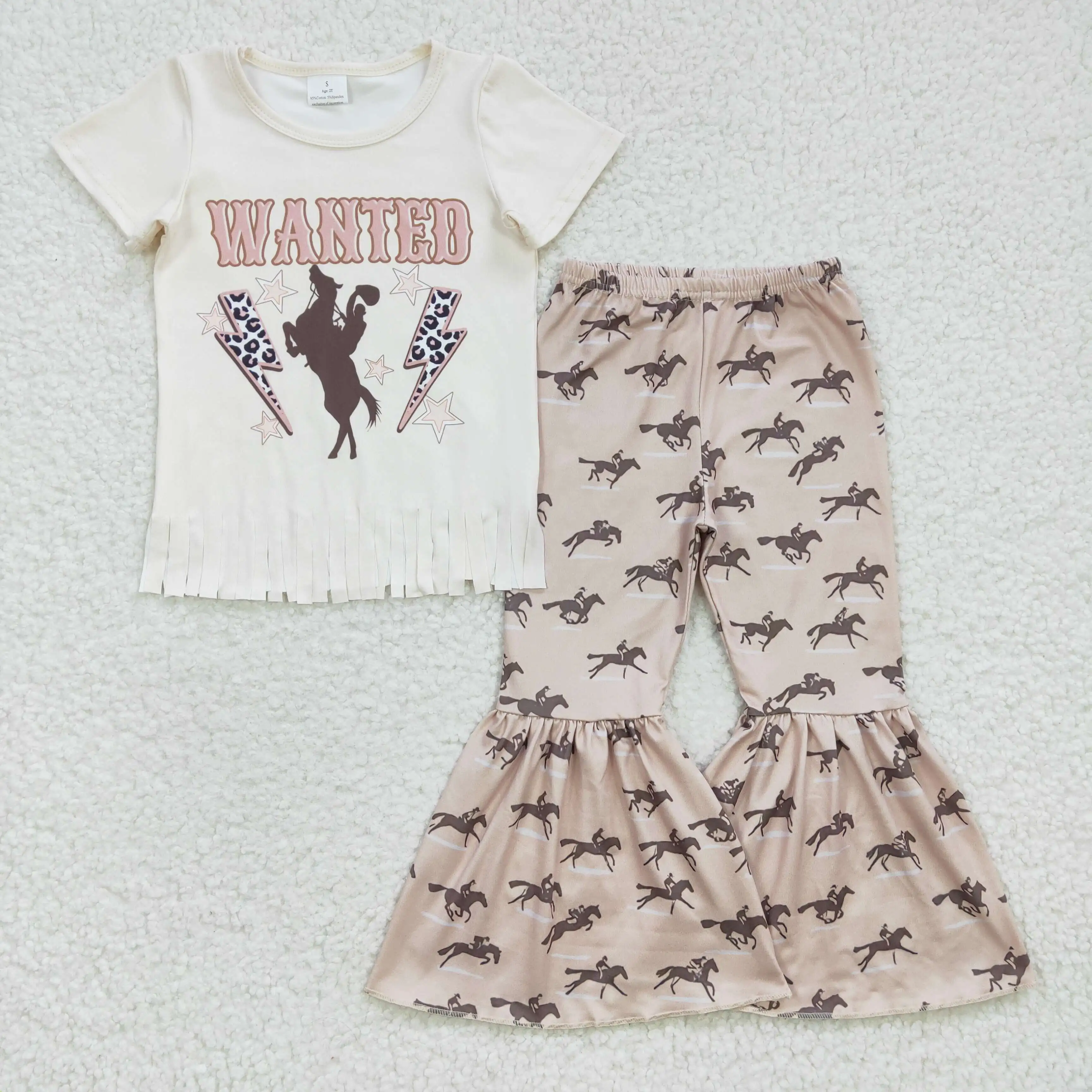 

2023 Summer girl WANTED riding tassel crew neck short sleeve with trousers fashion cute suit