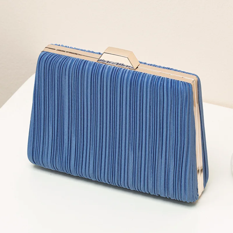 

Ruched Fashion Day Clutch Blue Color Flap Design Chain Shoulder Small Evening Bags Satin Female Handbags