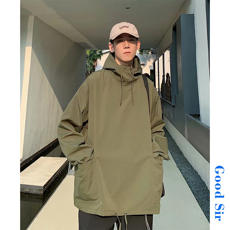 Harajuku Ulzzang Ins Chic Kpop Vibe Men Spring Jackets Male Hooded Hoodie Coat Pockets Drawstring Waist Moto Biker Jackets Tops