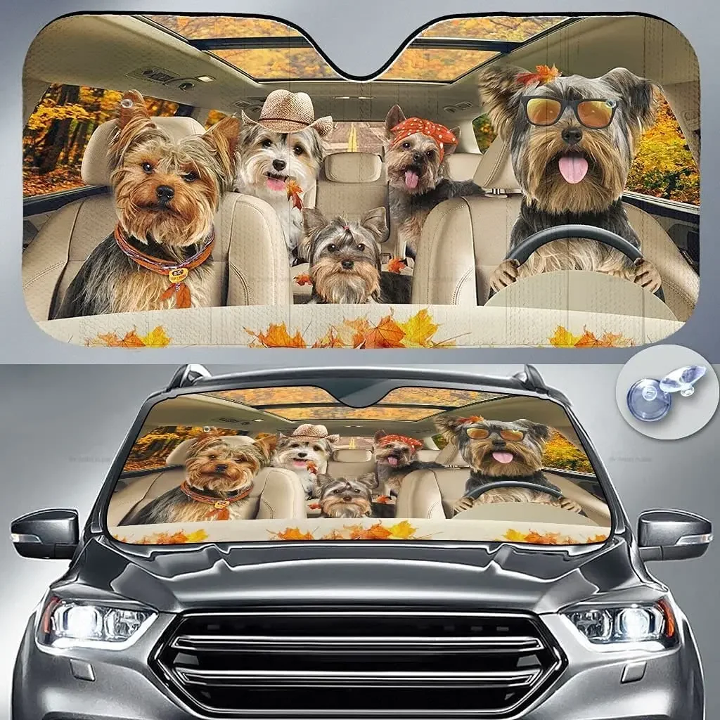 

Yorkshire Terrier Family Driving Autumn Leaves Dog Lover Car Sunshade Windshield Window Car Windshield Auto Visor