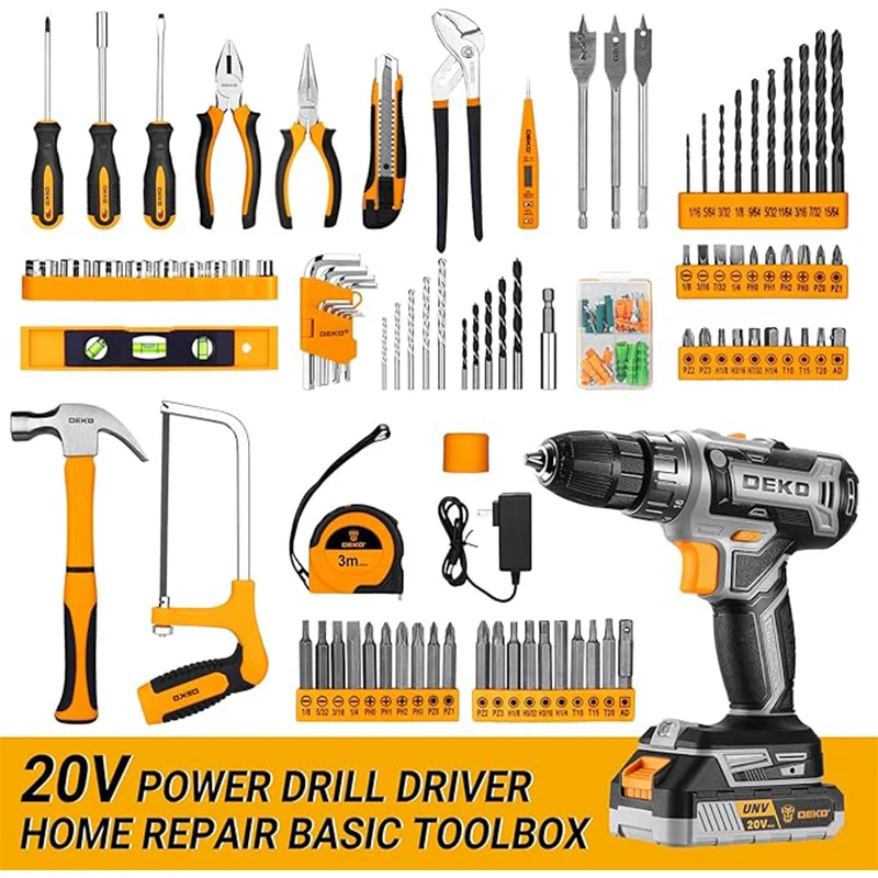DEKO 20V cordless drill kit with battery, men's drill, manual repair, basic toolbox, suitable for household tools