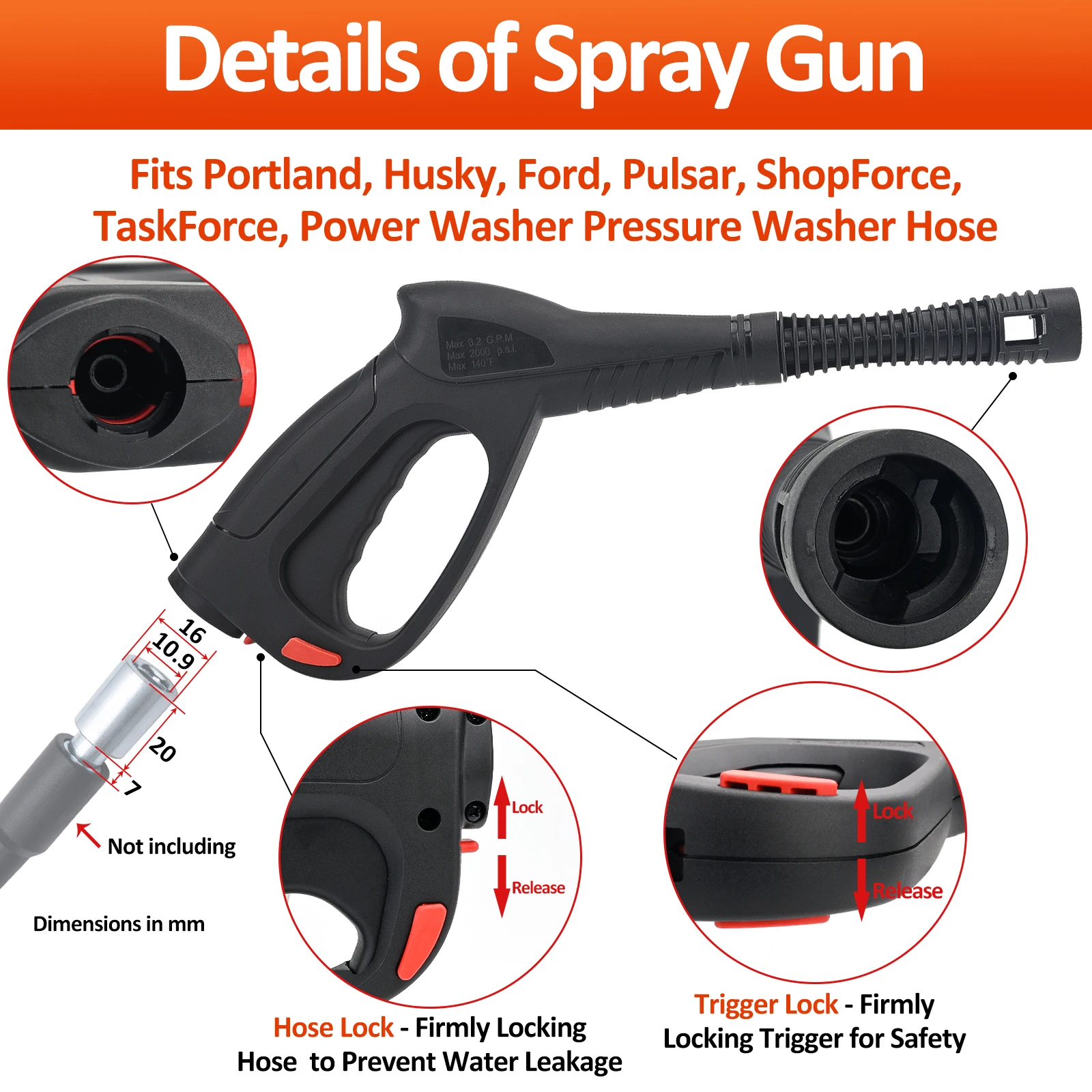 High Pressure Water Gun with Variable Jet Wand Compatible with Portland Husky Ford Pulsar ShopForce Taskforce Powerwasher 2