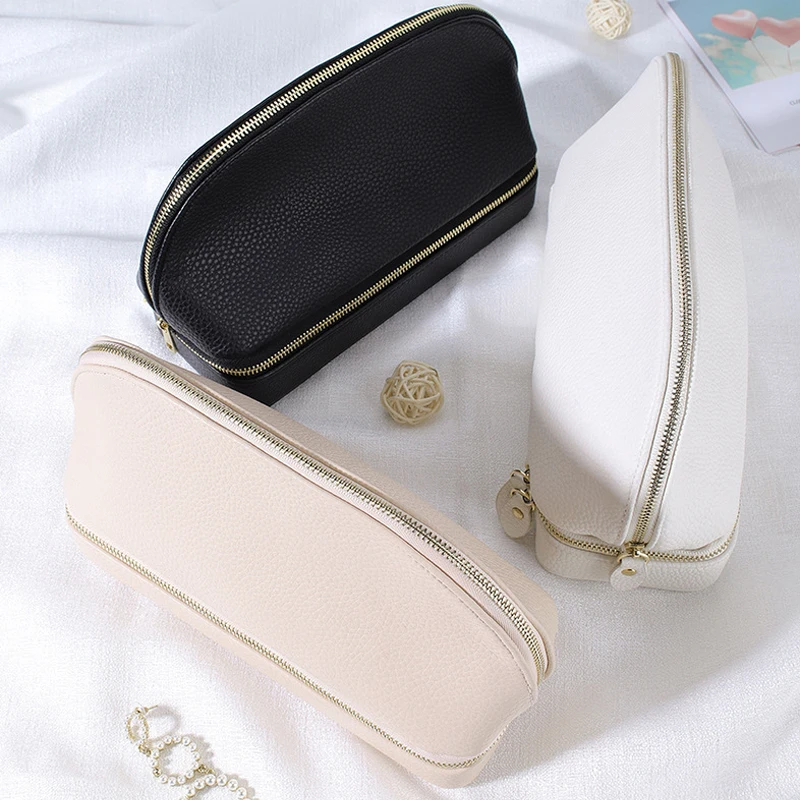 Pebble Leather Cosmetics Bag Double Layer Travel Large Makeup Case with Jewelry Earrings Necklace Organizer