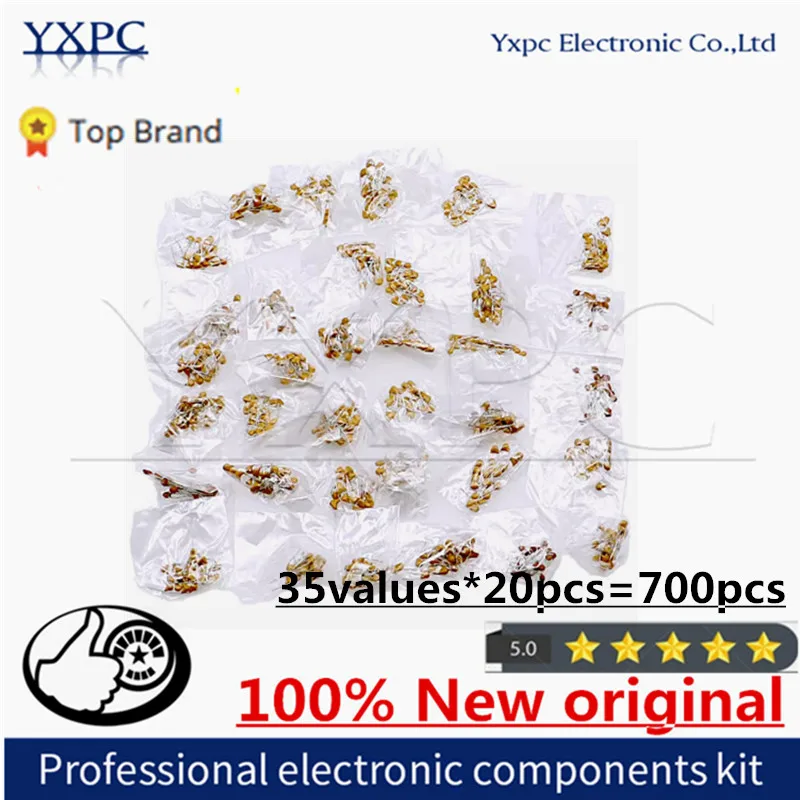 35Values*20pcs=700pcs 10pF~2.2uF 50V 5.08mm Multilayer Ceramic Capacitors Assortment Ki Monolithic capacitors MLCC