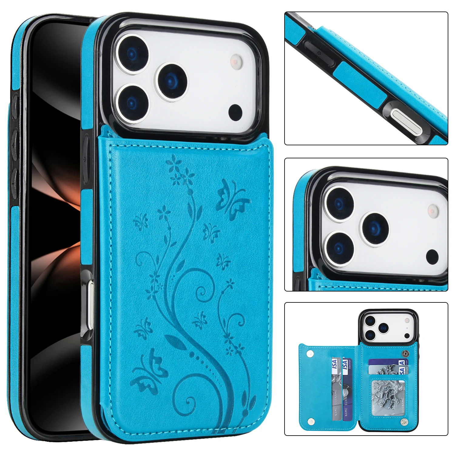 Elegant Butterfly Press Leather Wallet Case with Double Buckle Stand and Card Holder