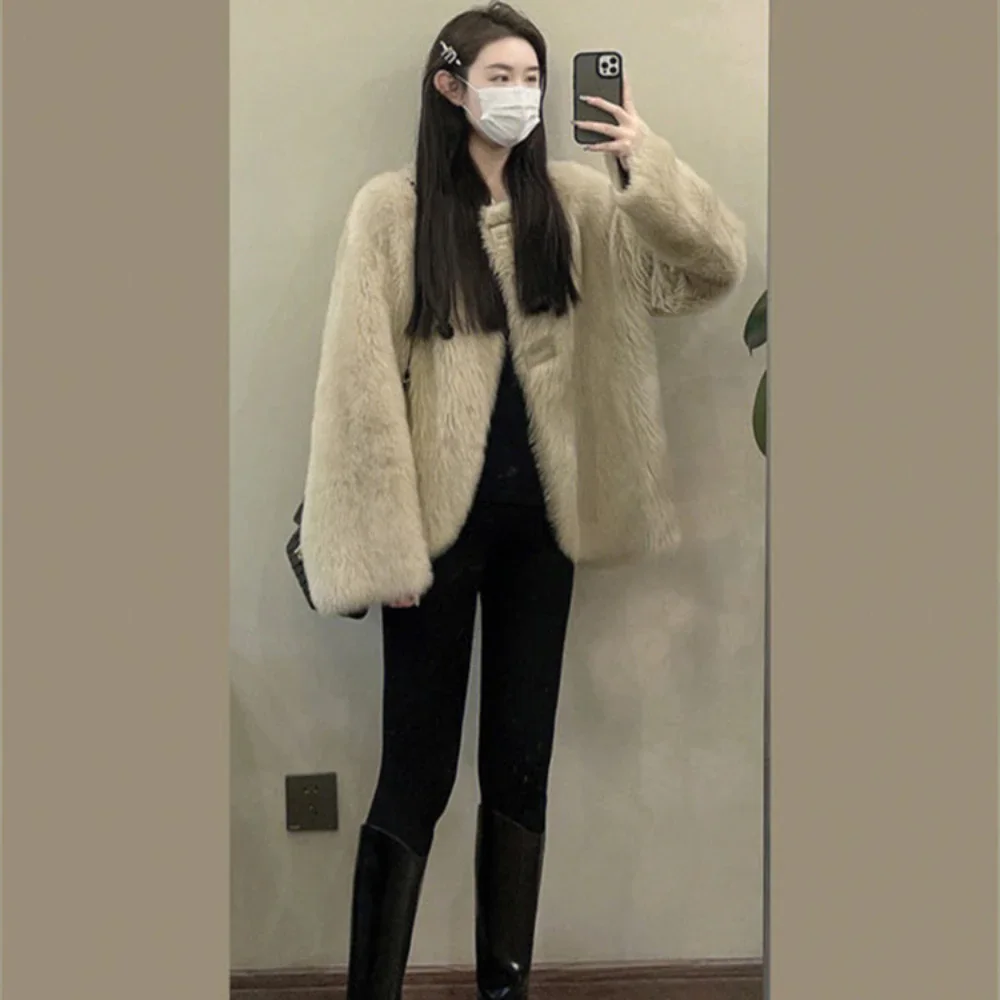 High-End Fashion Retro Solid Color Round Neck Long Sleeve Women's Faux Fur Coat Spring Autumn Commute Single Breasted Lamb Coat