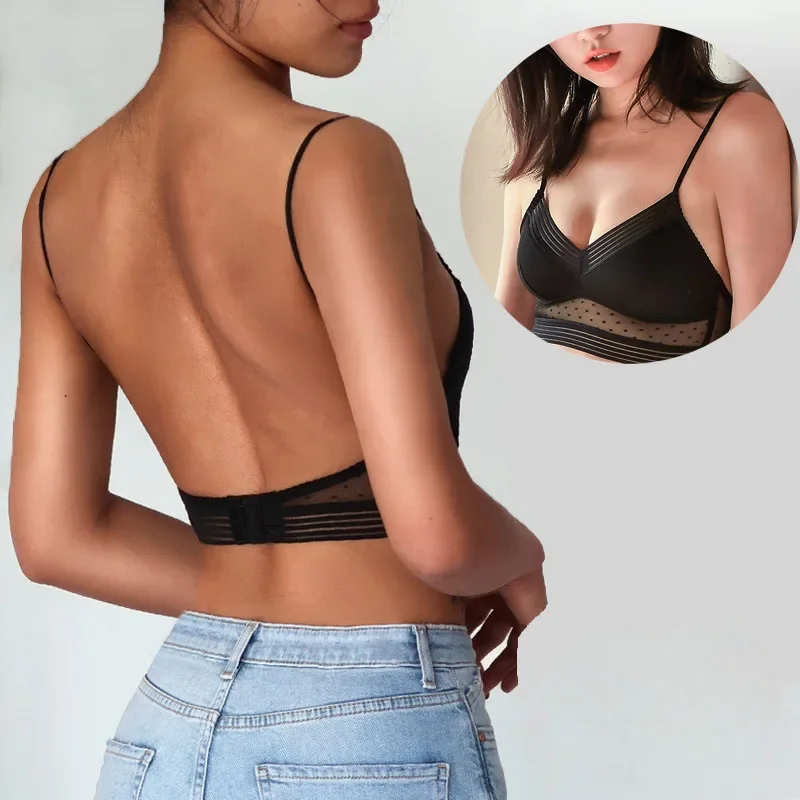 

Sexy Backless Strapless Bra Push Up Plus Size Bras for Women Thin Lace Bralette Dots Mesh Lingerie Brassiere Low Back Underwear