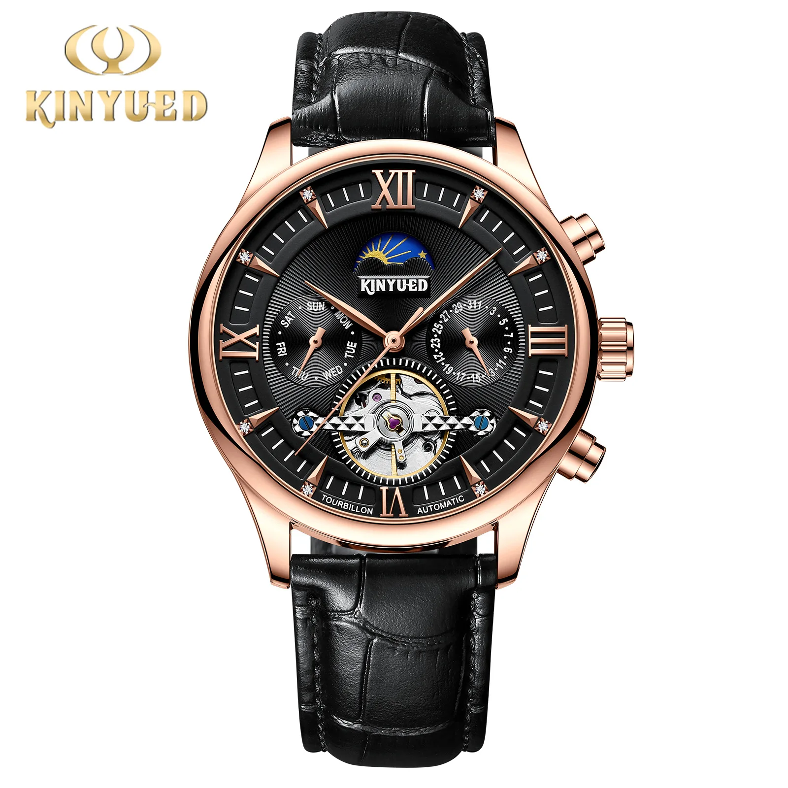KINYUED Brandneue mechanische Mondphasenuhr für Herren, hohle Tourbillon-Uhren, Wochendatum, Herrenuhr, wasserdicht, automatische Uhren_voghion.com