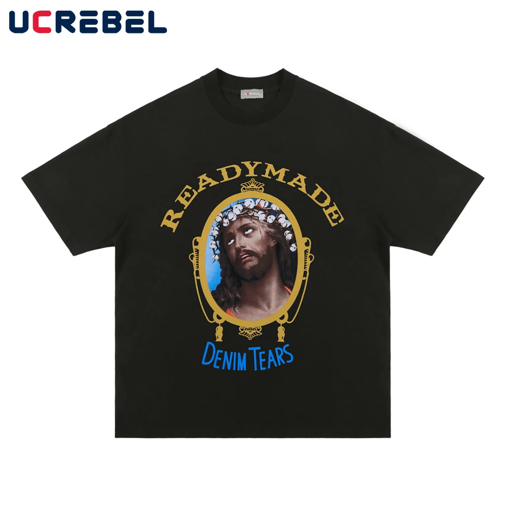 Portrait Print Short Sleeve T-shirt Mens Streetwear Casual Crew Neck Cotton Tee Summer High Street Loose Half-Sleeve Men | Мужская