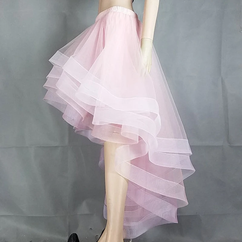 

Real Image Pink Organza Ruched High Low Skirt Women High Quality Elastic Long Female Maxi Skirt Bridal Bridesmaid Skirt
