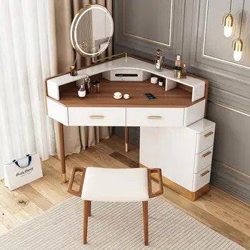 Modern Corner Makeup Vanity Table with LED Lighted Mirror, Vanity Desk with 5 Drawers, Piano Finish, Solid Wood Legs, Stool 1