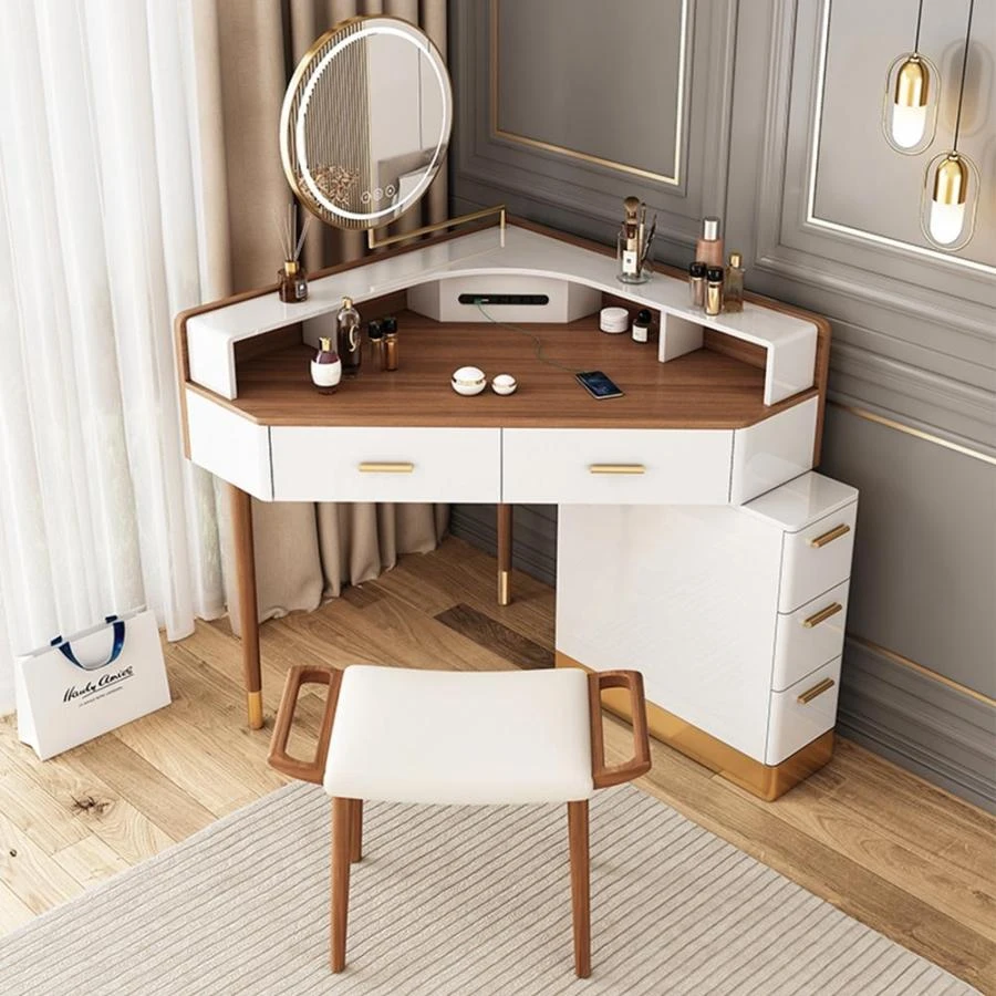 Modern Corner Makeup Vanity Table With Led Lighted Mirror, Vanity Desk 
