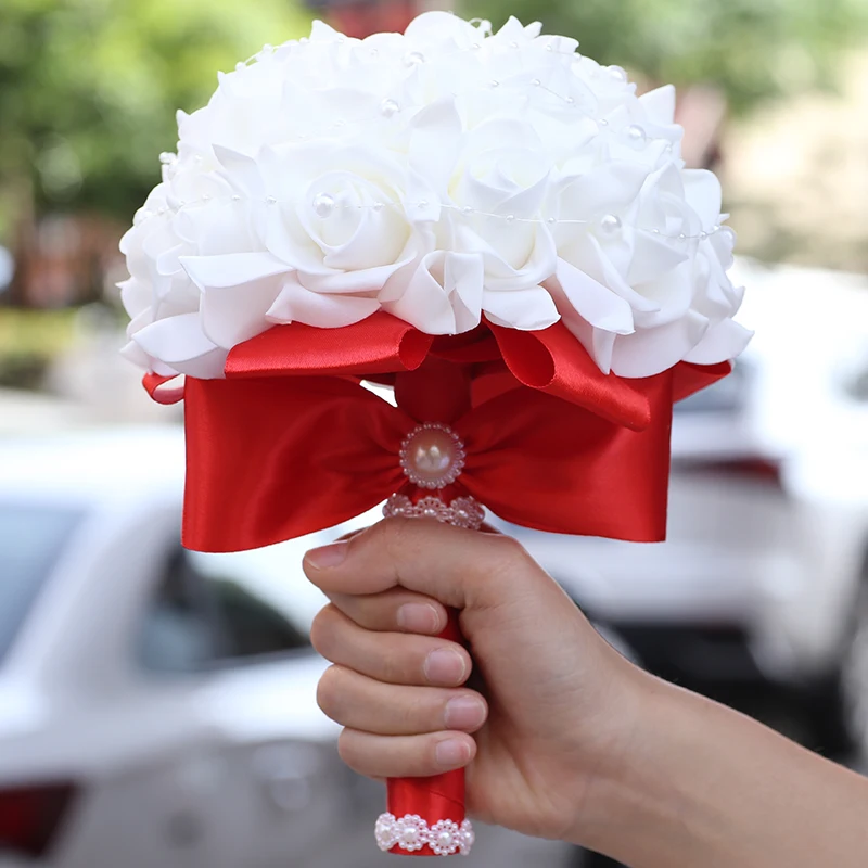 

Cute PE Rose Pearls Bridesmaid Wedding Bridal Bouquet Foam Flowers Ribbon Wedding Bouquet Fake Flowers De Noiva Party W2017P