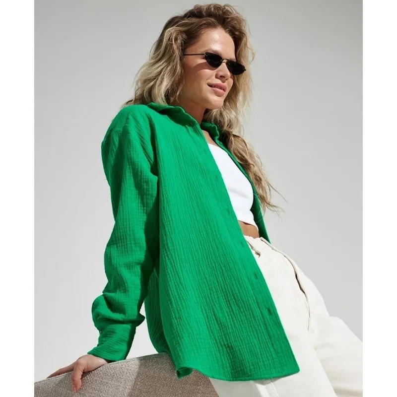 New Fashion 2025 Women's Turn Down Collar Cardigan Long Sleeve Shirt Elegant Loose Single-breasted Solid Color Casual Jacket