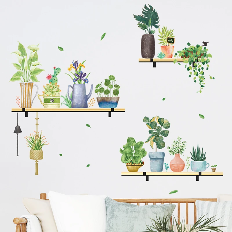 Watercolor Potted Flowers Succulents Plants Bonsai on the Shelf Wall Stickers for Living Room