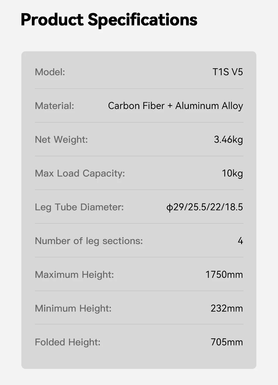 Coman T1S / T1S V5 Travel Carbon Fiber Tripod One Click Quick Release With Panor
