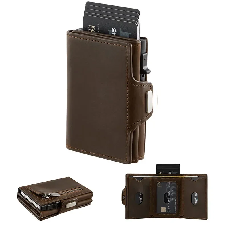 

Винтажный Сумасшедший мужской кошелек, металлический кожаный автоматический выдвижной ящик, кошелек с несколькими отделениями для карт, вместительный портативный держатель для карт