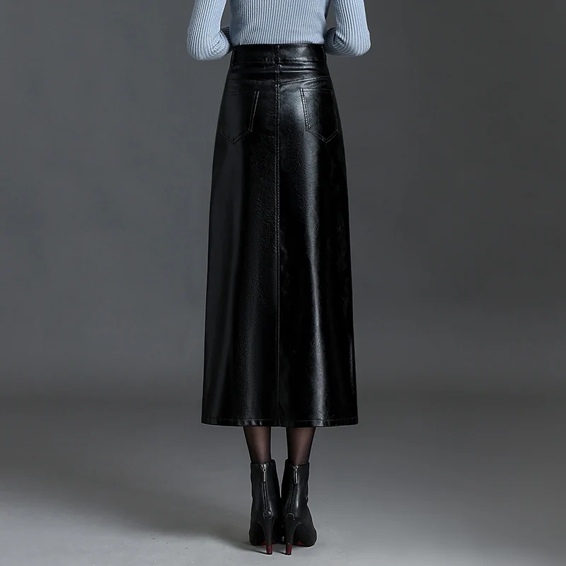 ZUZK Women Long PU Leather Bodycon Skirts New Fall Winter Front Slit High Waist Straight Fashion Skirt Pocket Warm Pu Skirt