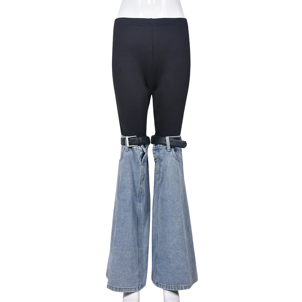 Patchwork Jeans Flare Pants 2023 Fall Winter Women Fashion Elasti High Waist Button Fly Belt Boot Cut Trousers Street Bottoms