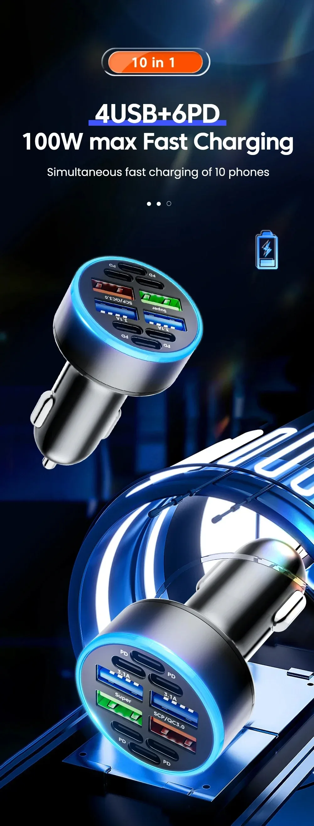 10 Ports 100W PD Fast Charging QC3.0 USB Type C Auto Phone Charger For IPhone Samsung Huawei Xiaomi Adapter In Car_voghion.com