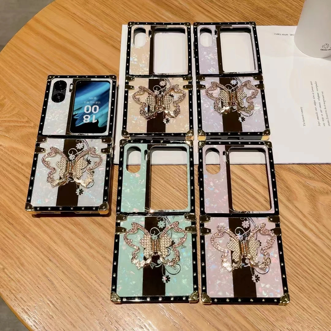 Per Oppo N2 Flip Luxury Cute Square Shell Butterfly Flower Diamond Ring Stand Holder Cover Per Telefono