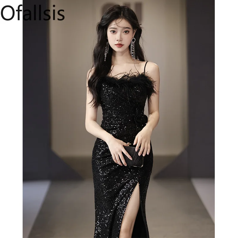 

Ofallsis Black Feather Ruffles Evening Dress Women's 2024 Spring New Celebrity Annual Meeting Sling Fish Tail Sexy Party Dresses