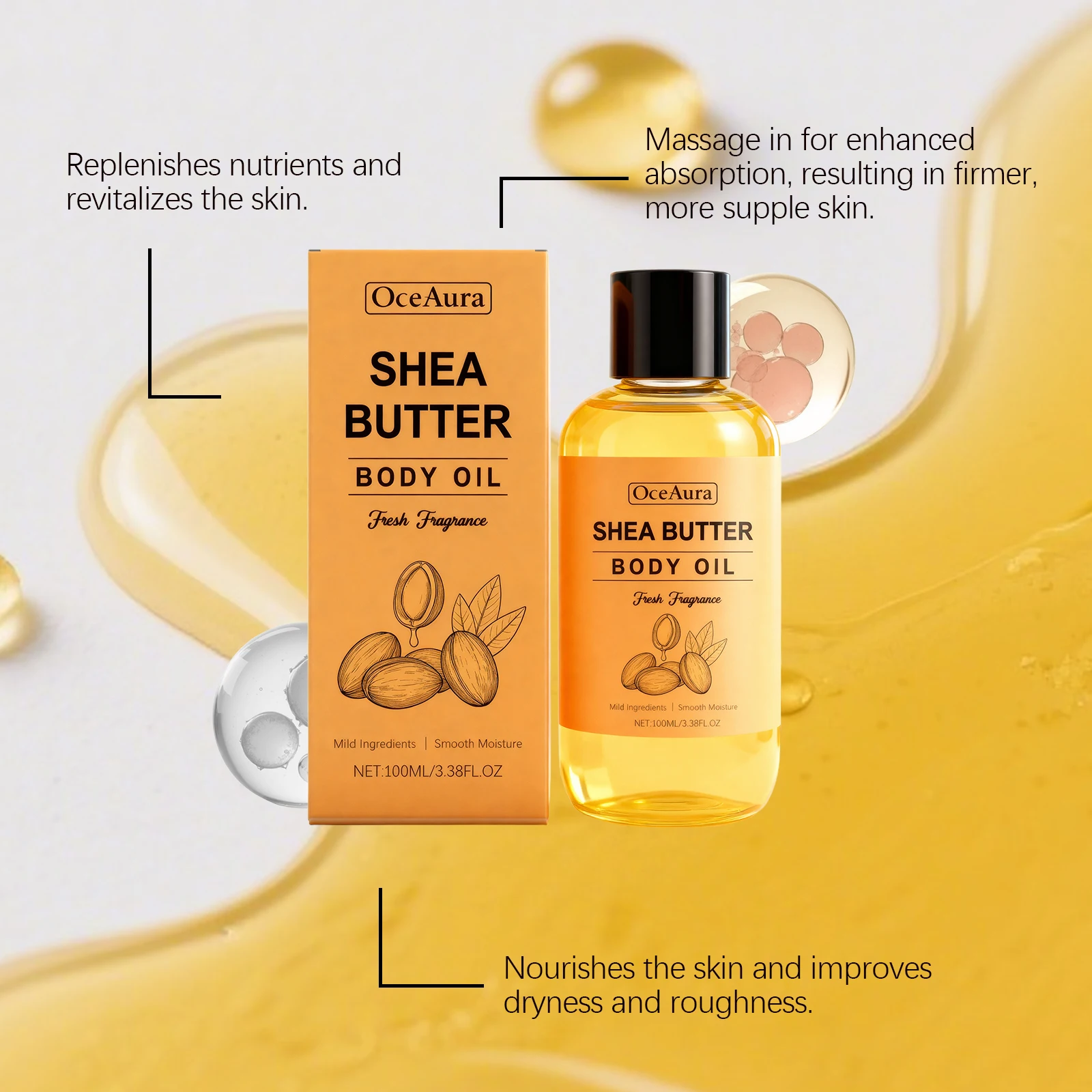 100% Natural Shea Butter Massage Oil Intense Moisture for Dry Skin Lightweight & Fast Absorbing All Skin Types Stretch Mark Care