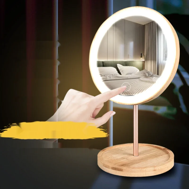 

Wooden Desktop LED Makeup Mirror 3X Magnifying USB Charging Adjustable Bright Diffused Light Touch Screen Beauty Mirrors