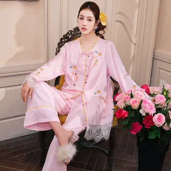 Vintage Embroidery Ice Silk Cardigan Pajamas Sets For Women Luxurious  Lace Spring Autumn Loose Nightshirt Sets With Chest Pads