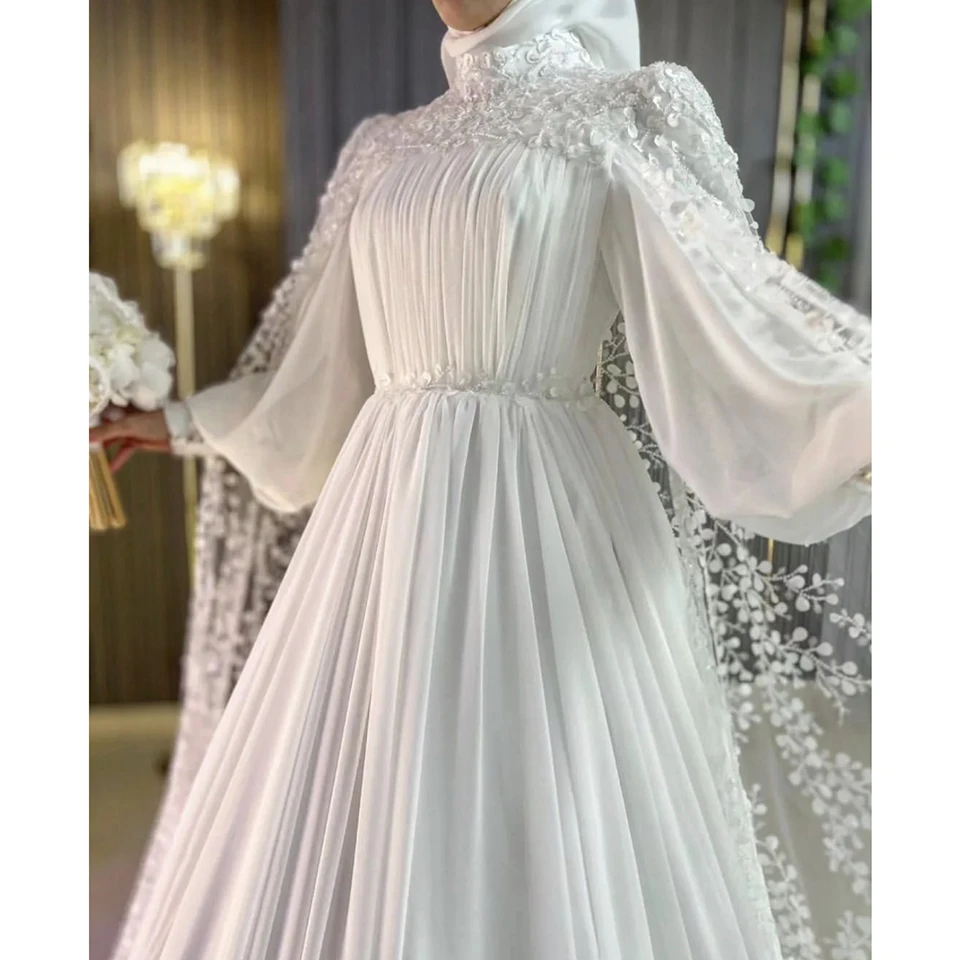 Customized High-Neck Beaded Appliques Shawl Long Sleeves Wedding Dress 2026 Muslim A-Line Floor Length Sweep Train Bridal Gown