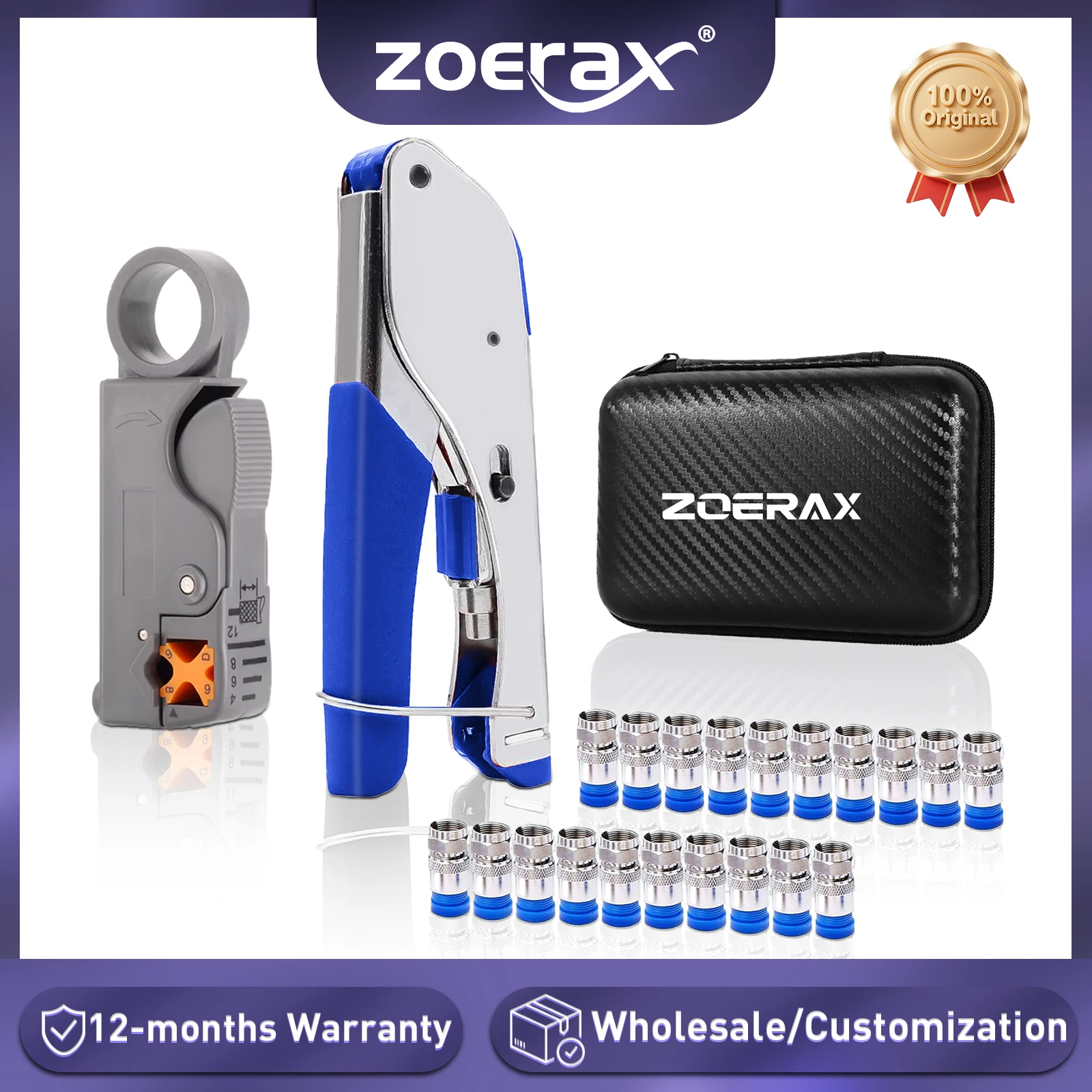 ZoeRax Premium Coaxial Compression Tool Kit with 20 Connectors and Cable Stripper